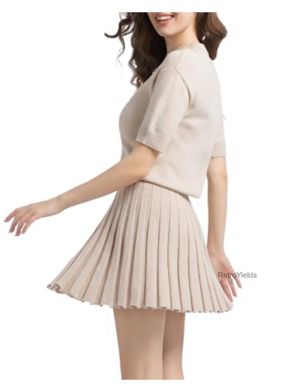 2 Piece Outfit Knit Top Pleated Skirt Set Y2K Short Sleeve - Picture 2 of 3